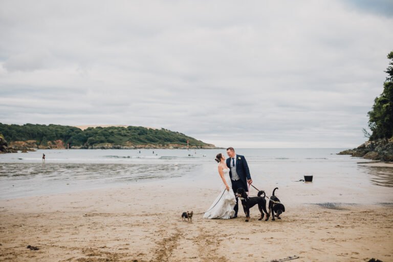 Couple pose for wedding photos on the beach with their dogs